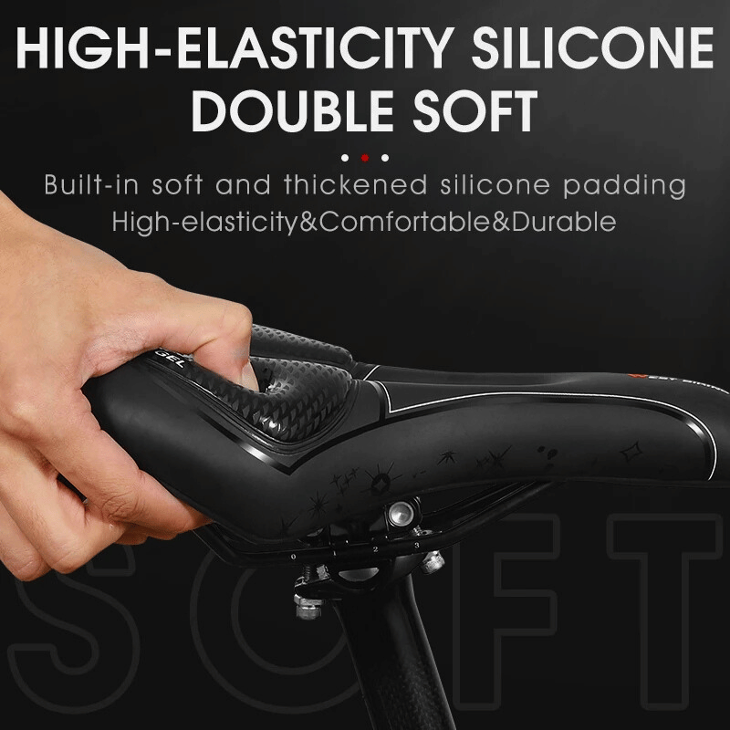 Cyclist adjusting padded seat on hybrid bike