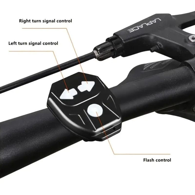 Handlebar-mounted remote control for left and right turn signals.