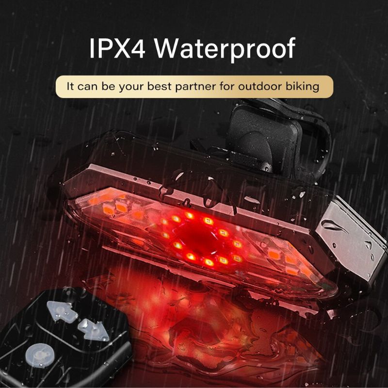 Bike signal light illuminated red in heavy rain, showing waterproof capability.