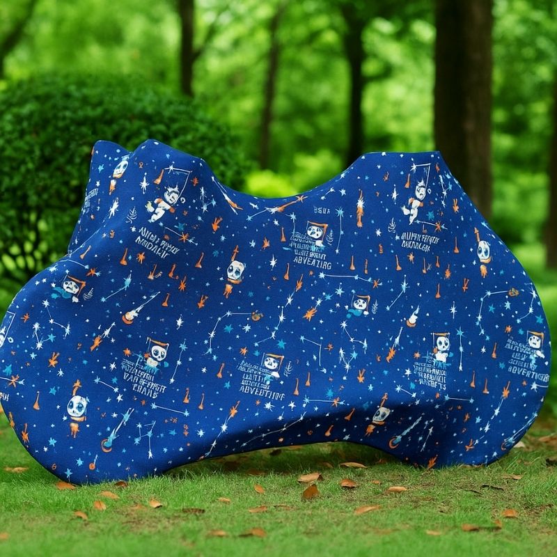 Panda-themed blue bike cover displayed in a park, fully wrapped around a bike – fun and protective for kids or playful riders.