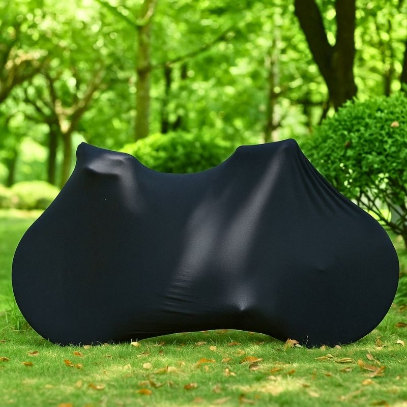 Black zippered bike cover on two bikes parked outside – showing full coverage and outdoor protection.