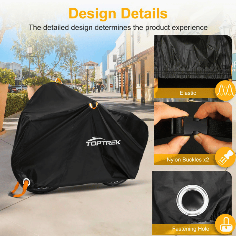 Bike cover showing elastic edge, buckles and fastening ring in a city street