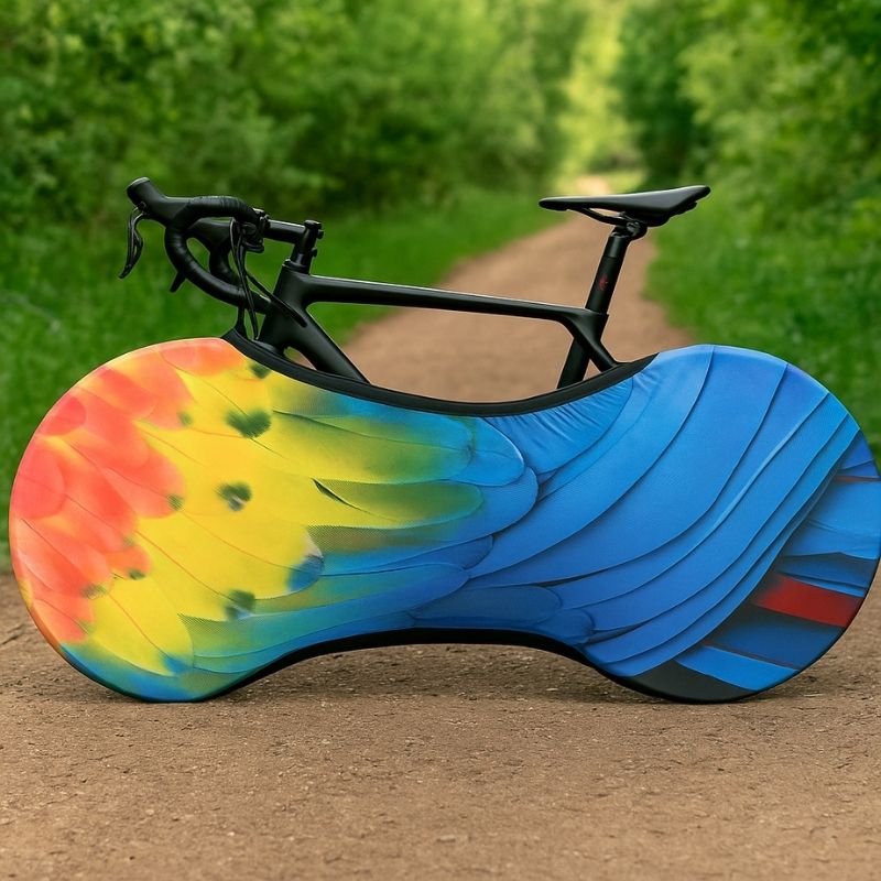 Colorful elastic bike cover with fire and ice design fitted on a road bike blue and yellow