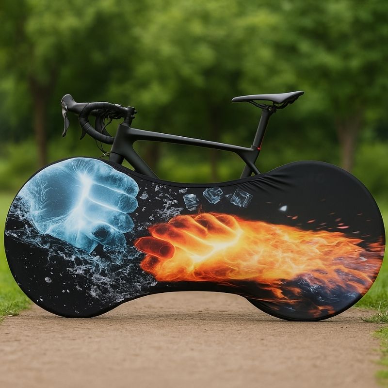 Colorful elastic bike cover with fire and ice design fitted on a road bike outdoors