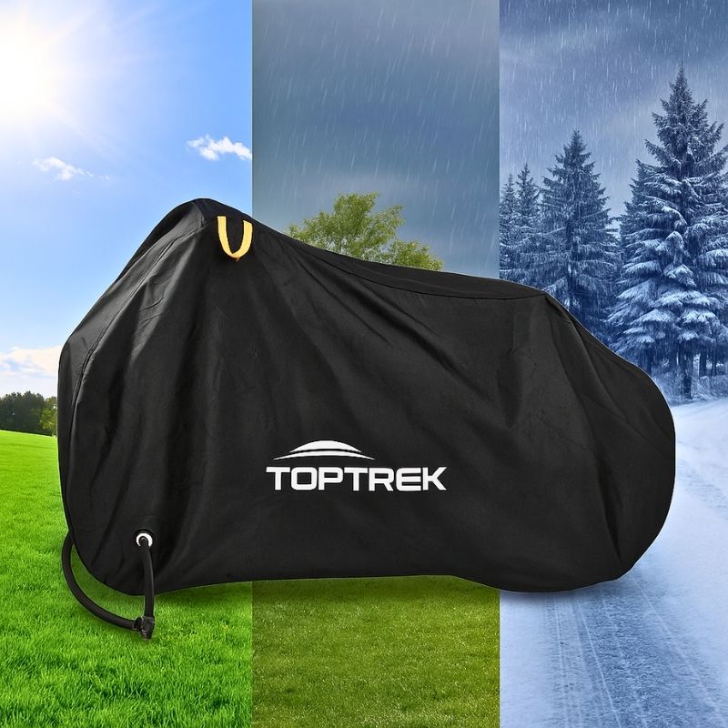Alt text : Black bike cover protecting a bicycle against sun, rain and snow