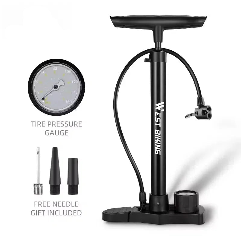 Bike floor pump with built-in pressure gauge and 3 included inflation needles
