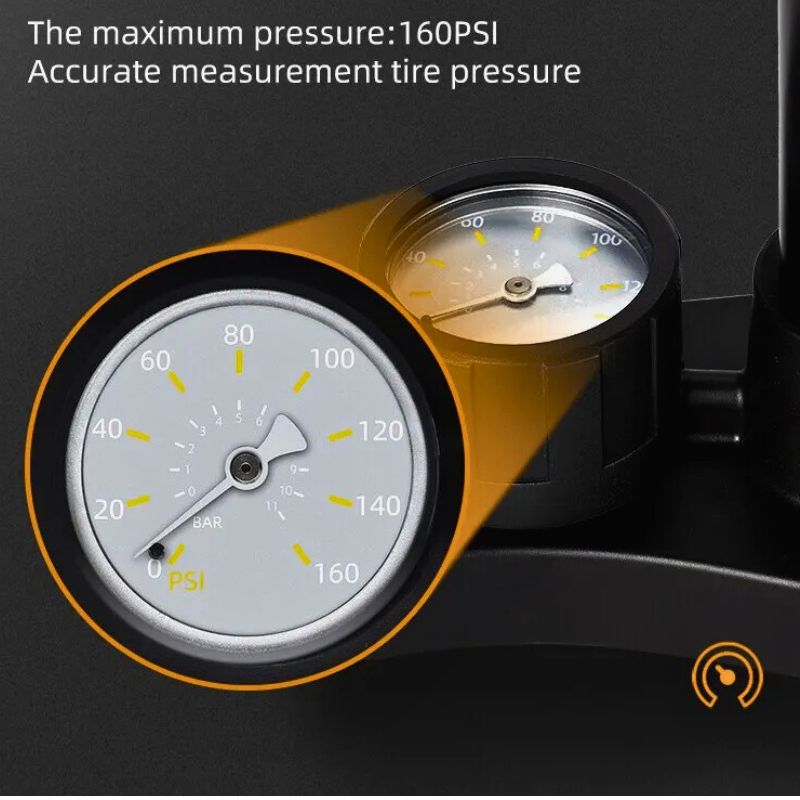 Accurate pressure gauge showing 160 PSI – built-in for precise inflation