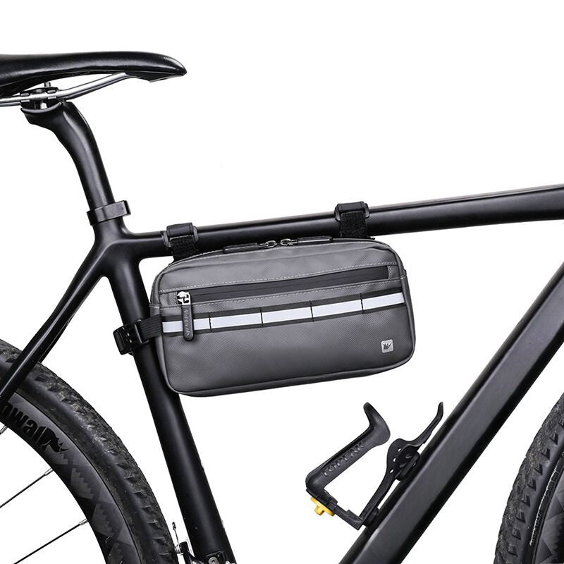 Gray waterproof bike handlebar bag centered on front bar, ready for adventure