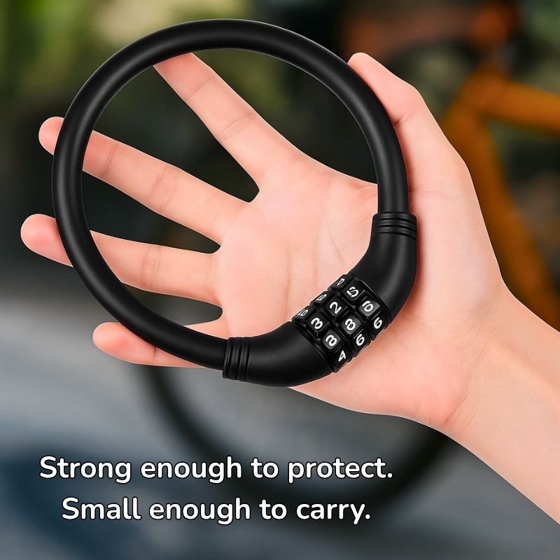 Ultra-light black bike lock shown in hand – pocket-sized and secure