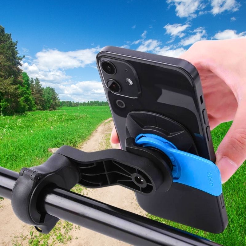 Phone holder mounted on a bike handlebar with shock absorber, blue design, secure grip for outdoor rides.