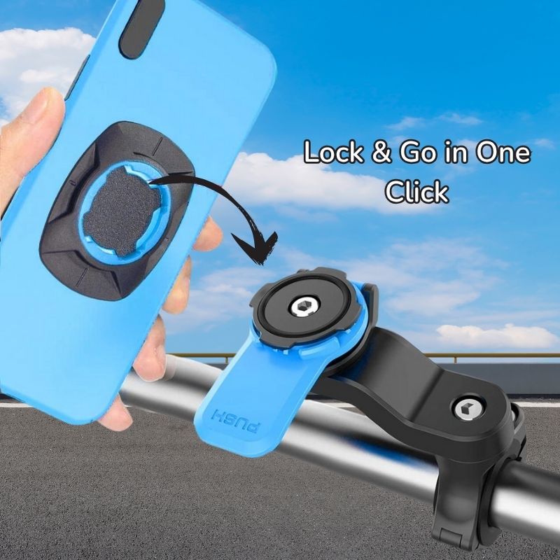 Quick lock bike phone holder, blue adapter, easy click system for instant mounting