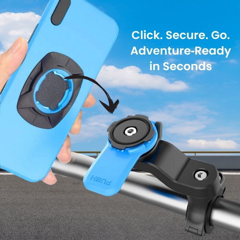 Quick lock bike phone holder, blue adapter, easy click system for instant mounting.