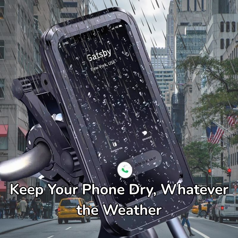 Waterproof bike phone holder protecting a smartphone from heavy rain while cycling