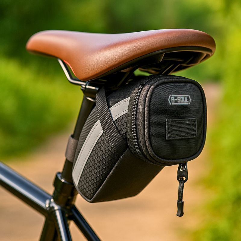 Waterproof black bike saddle bag securely attached under a leather seat, ideal for daily cycling.