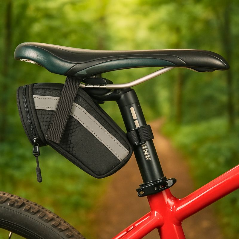 Compact saddle bag fixed on a mountain bike saddle for lightweight and stable storage.