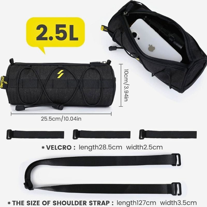 Visual showing 2.5L bike front bag dimensions and accessories included