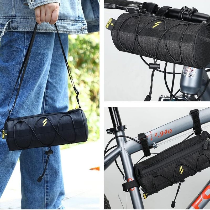 Rider wearing bike front bag as shoulder strap bag for commuting