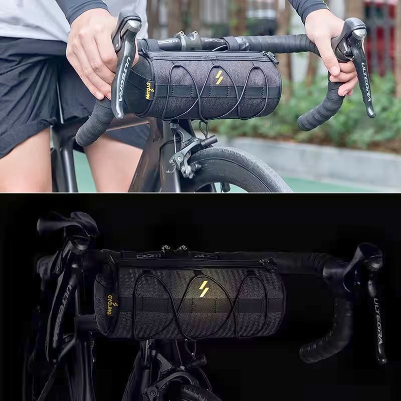 Bike front bag with tools, glasses, phone and wallet laid out