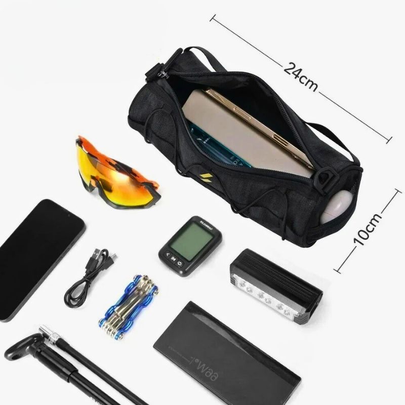 Bike front bag with tools, glasses, phone and wallet laid out