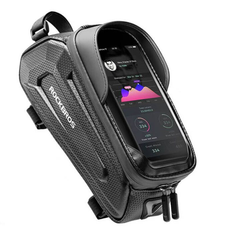 Bike phone holder opened vertically showing app screen on smartphone