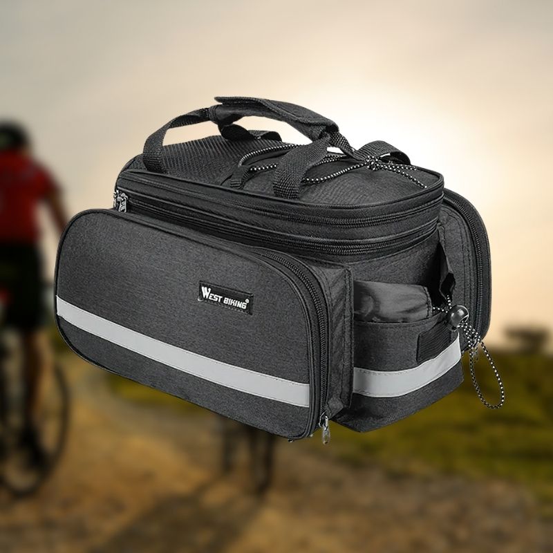 Rear bike rack bag securely mounted on bicycle