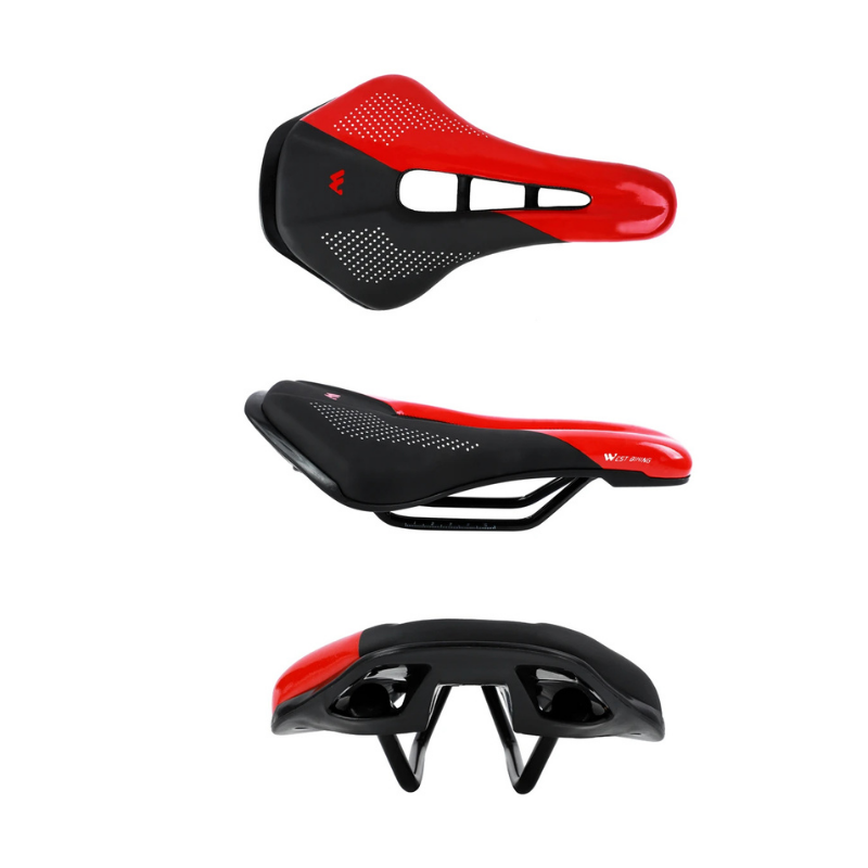 Rear and top angle of the red-black bike seat – Comfort Ride