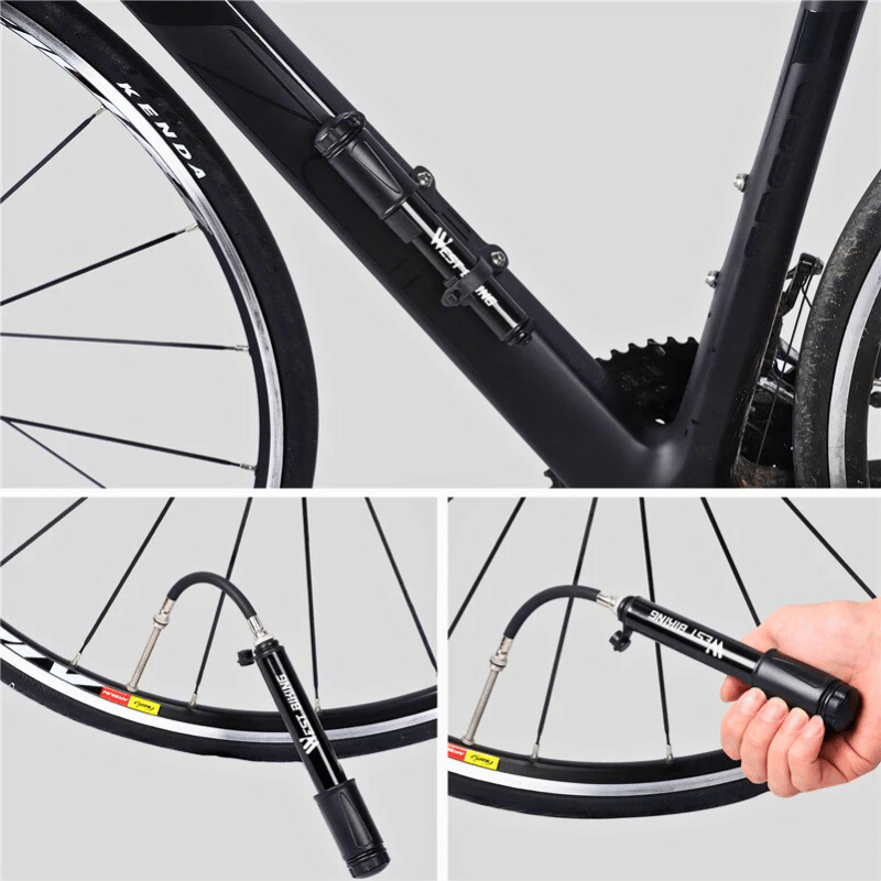 Manual bike pump mounted on frame and inflating tire on road bike