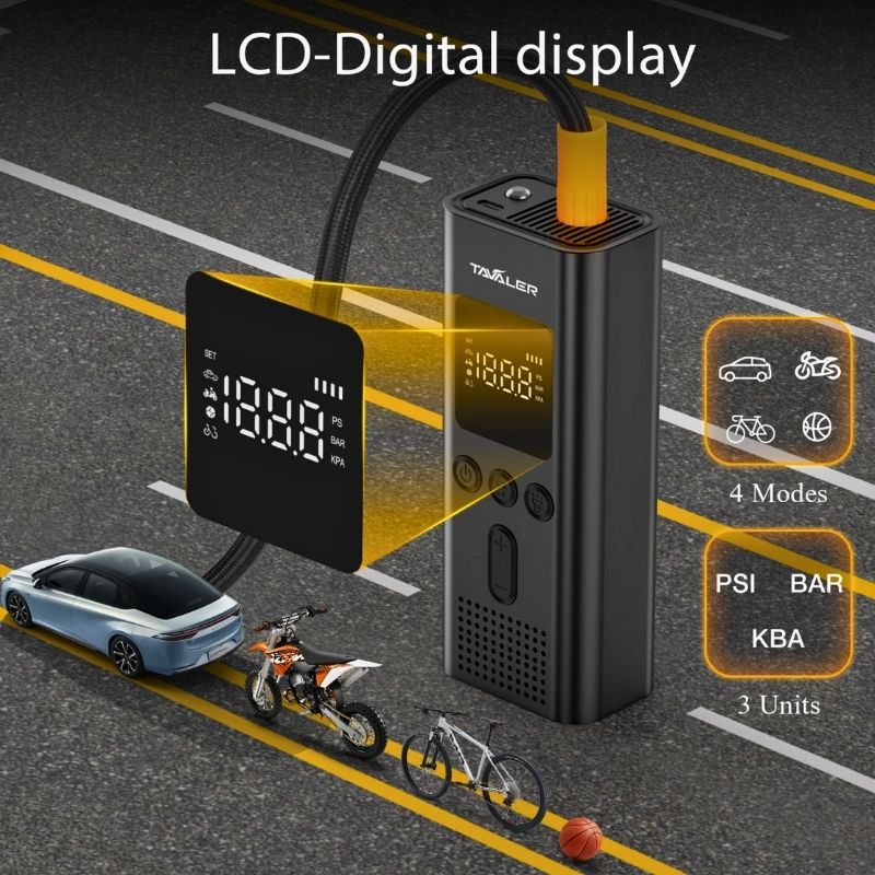 LCD digital display on cordless pump showing PSI, BAR and KPA