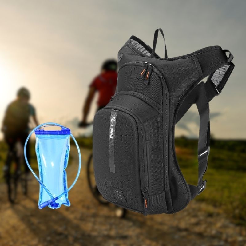 Waterproof lightweight cycling backpack in use on a mountain bike.