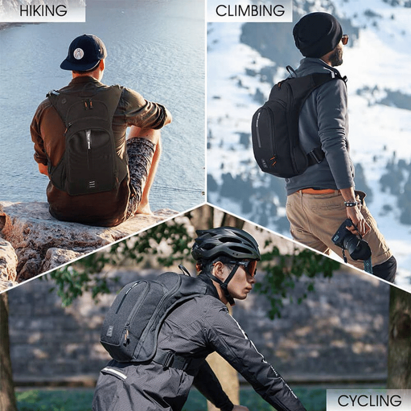 Cyclist wearing lightweight backpack on mountain trail.