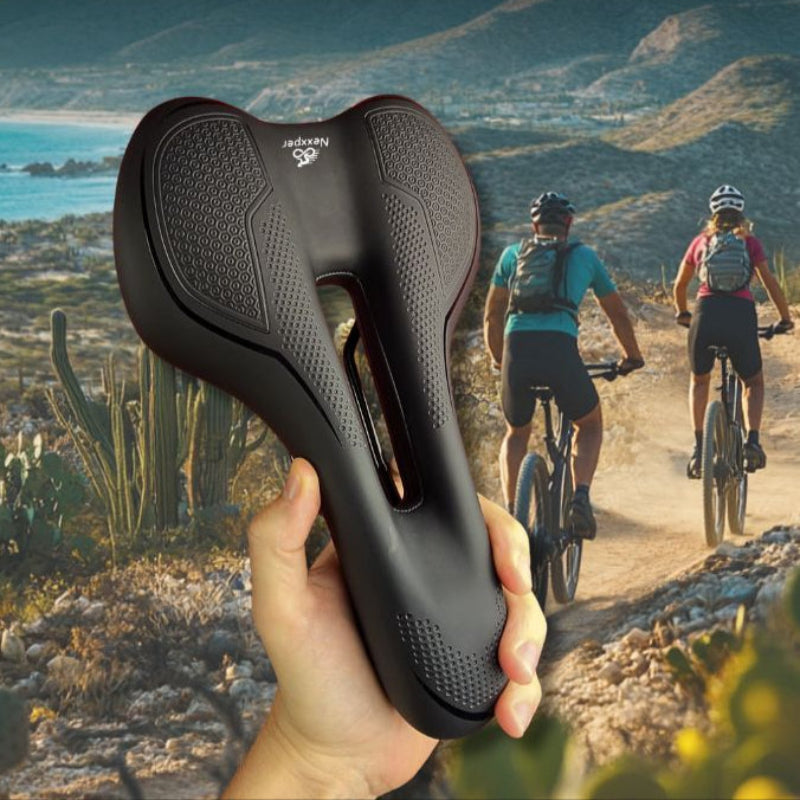 Ergonomic bike seat with phone holder and scenic background