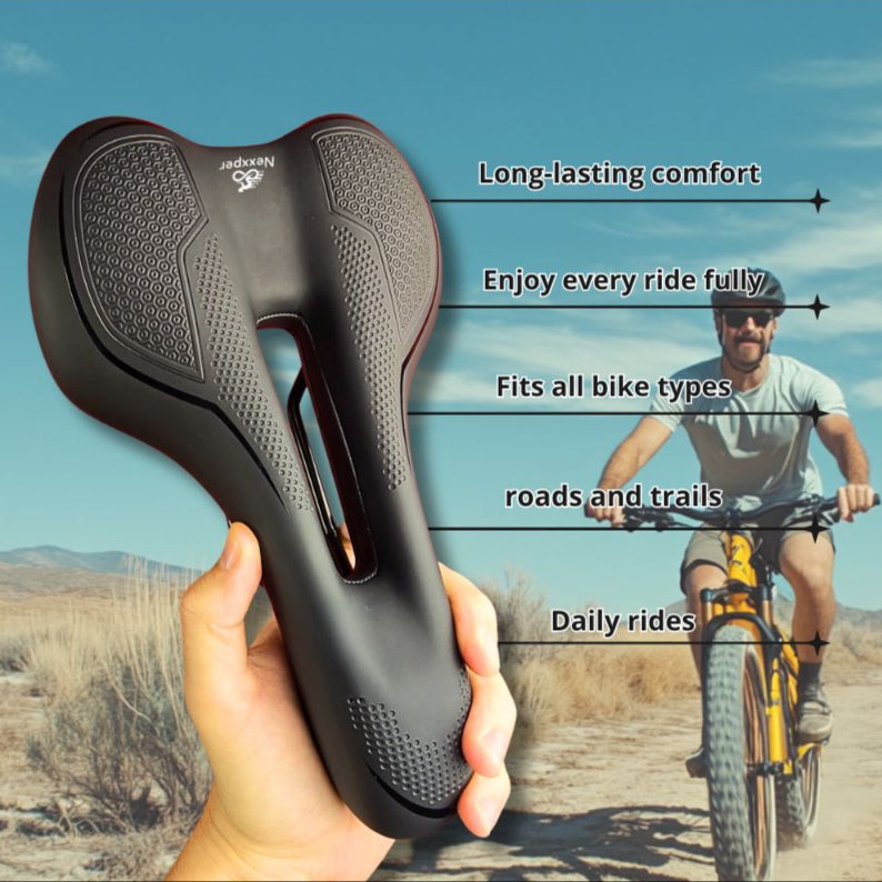 Comfortable ergonomic bike seat held by cyclist