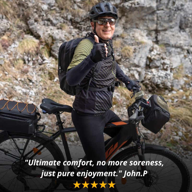 Bike seat collage with reviews and happy cyclists