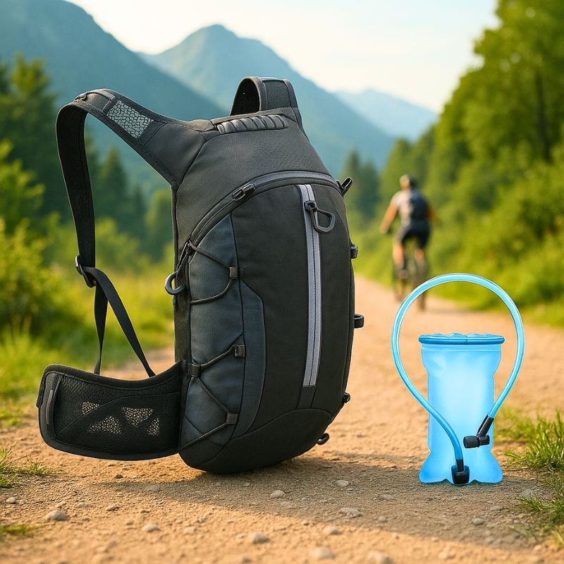 Cyclist wearing a lightweight hydration backpack with chest strap