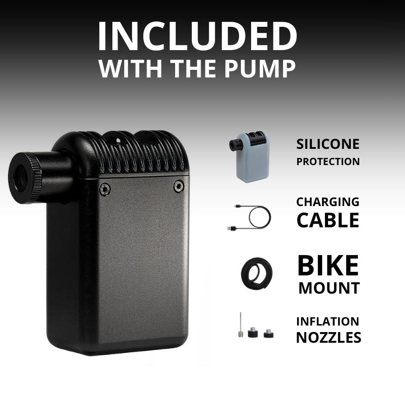 Included accessories – charging cable, bike mount, silicone case, nozzles