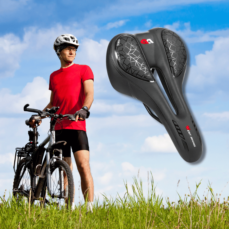 Ergonomic gel bike seat with shock-absorbing design – top view with cyclist