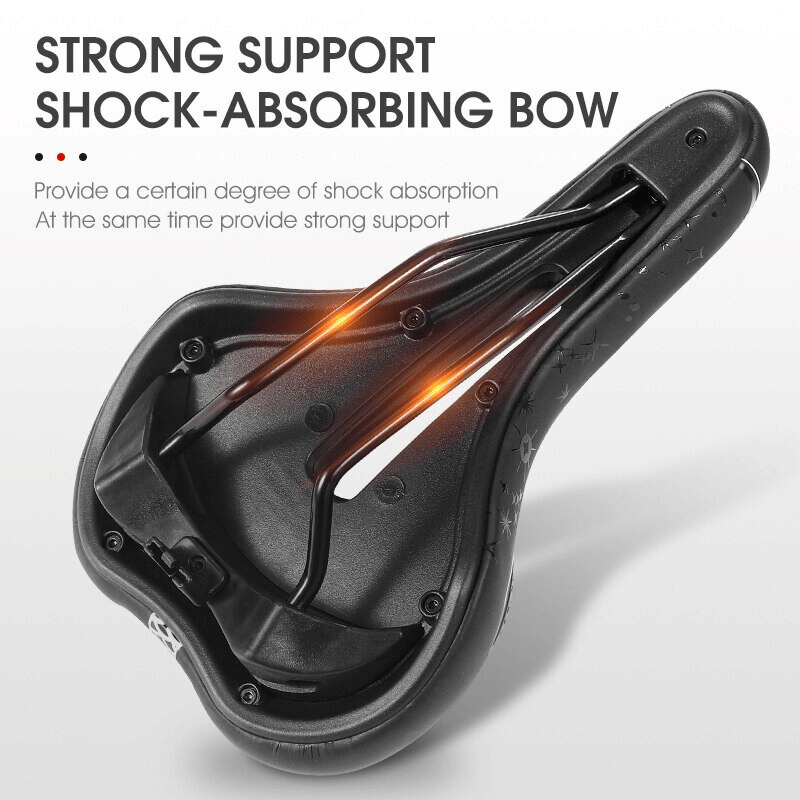 Ergonomic gel seat shown with dimensions and profile