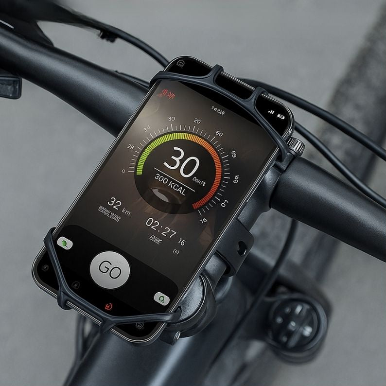 Speedometer app showing 30 km/h on a smartphone secured to bike handlebars with a stretchable silicone mount.