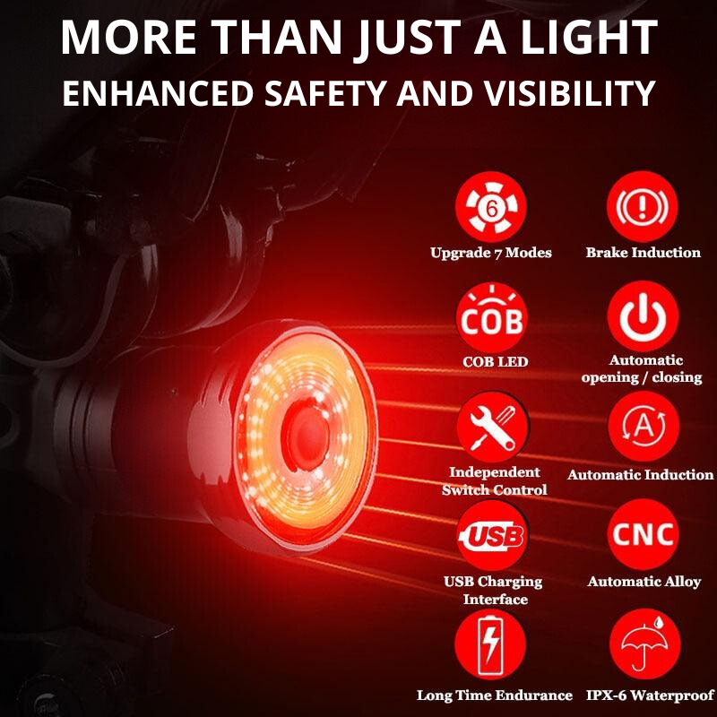 Red COB LED bike light with safety mode icons and features