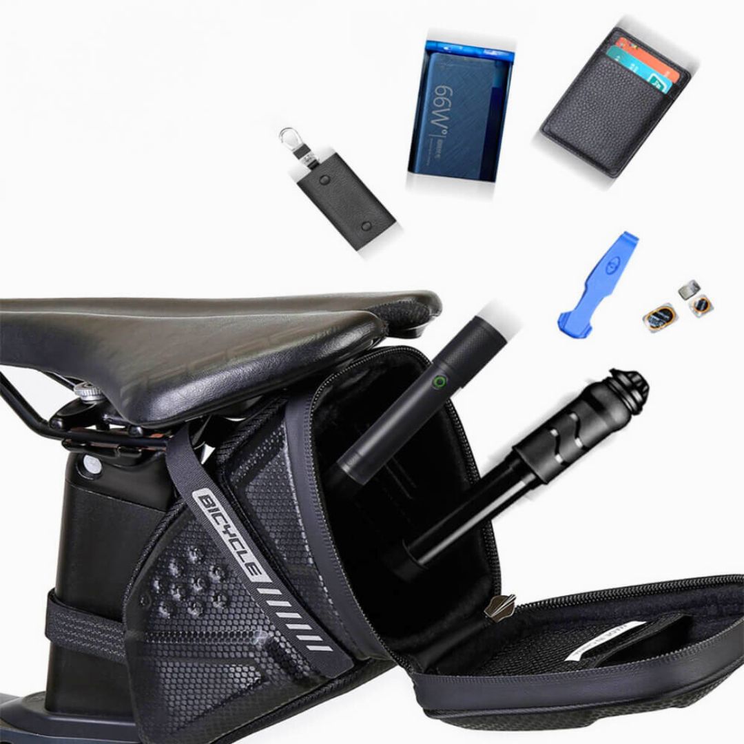 Compact storage pouch under bike saddle with zipper