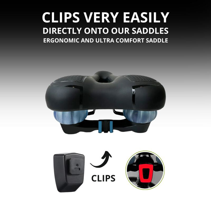 Clip-on bike light mounted under a comfort saddle.