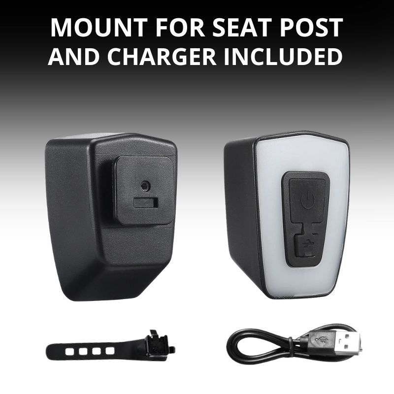 Complete kit with rechargeable bike light, USB cable, and mount.