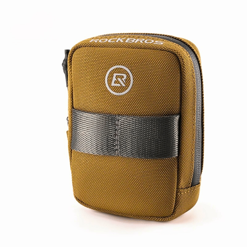 Compact saddle bag mounted under a green city bike saddle