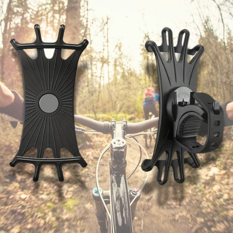 Front and side views of a universal bike phone holder in black silicone, mounted on a bicycle’s handlebar.