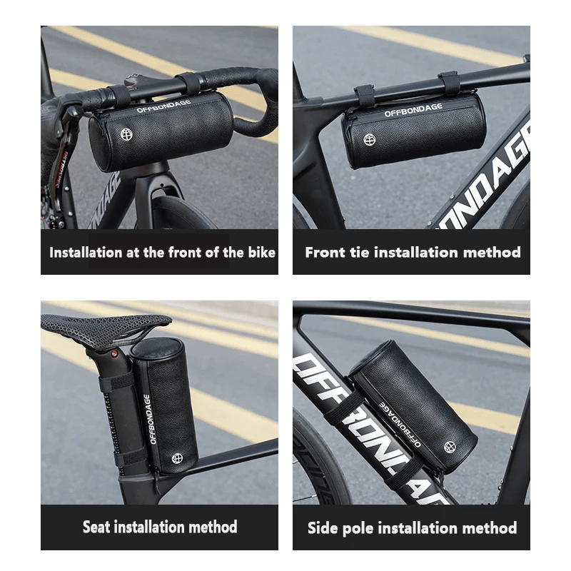 Flat lay of multitools and accessories next to the UrbanRide 2L bike handlebar pouch.