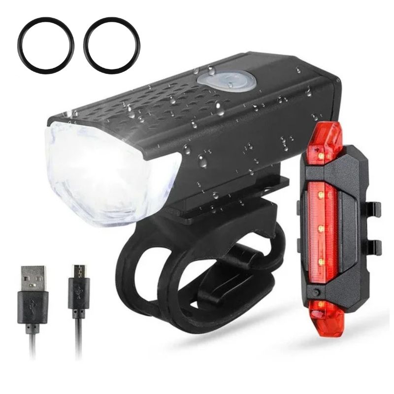 Full set with front and rear lights, USB cables, and mounting straps