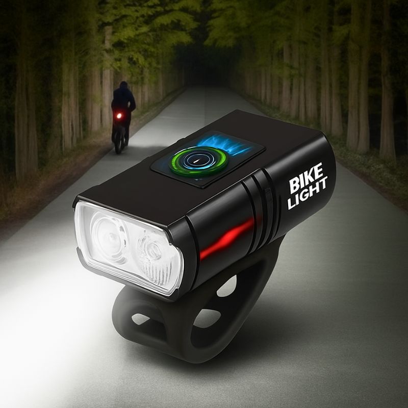 Bike light showing powerful front beam on night ride