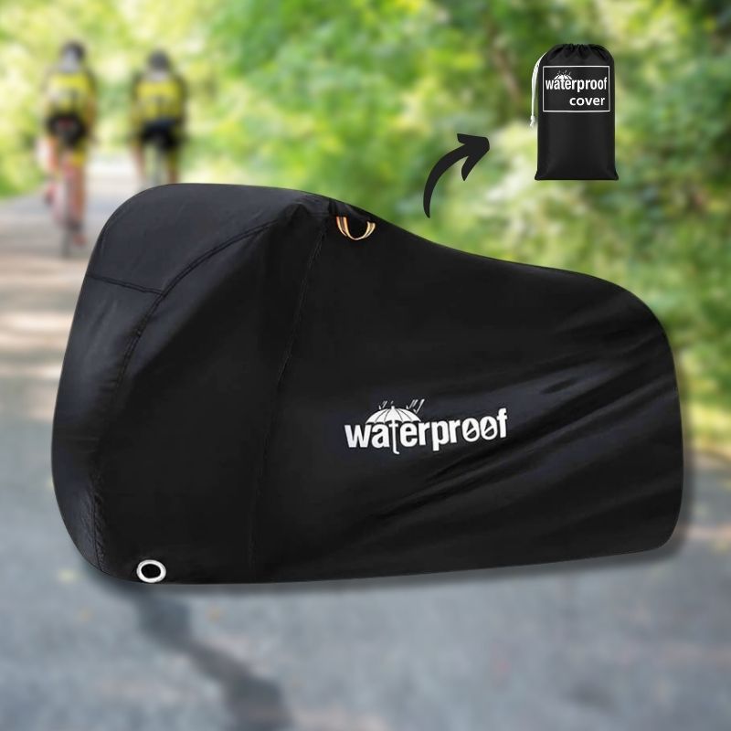 Waterproof bike cover on a forest road with storage pouch – Oxford 210D fabric