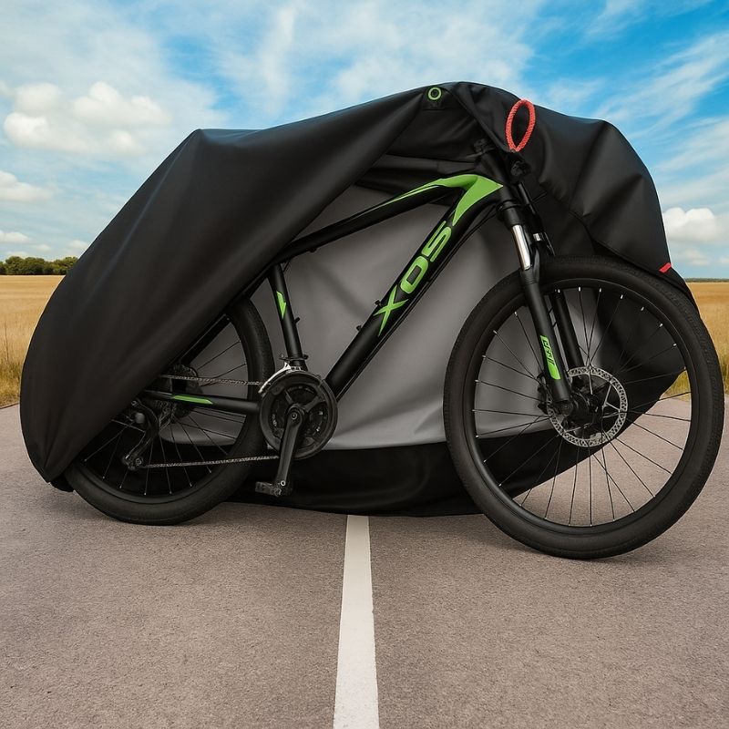 Waterproof bike cover protecting a single bike in open parking