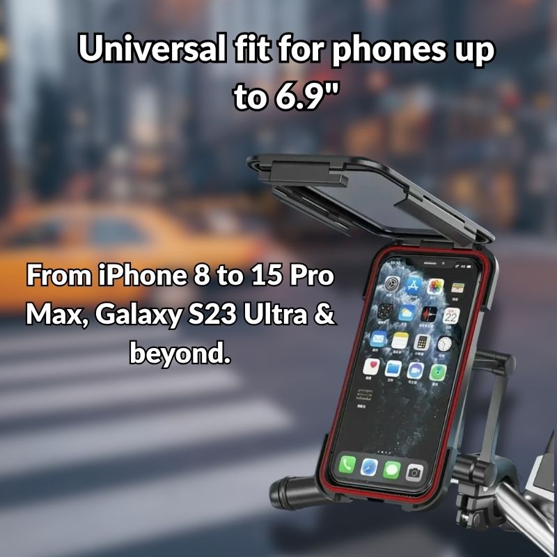 Universal bike phone holder compatible with phones up to 6.9 inches including iPhone and Galaxy models
